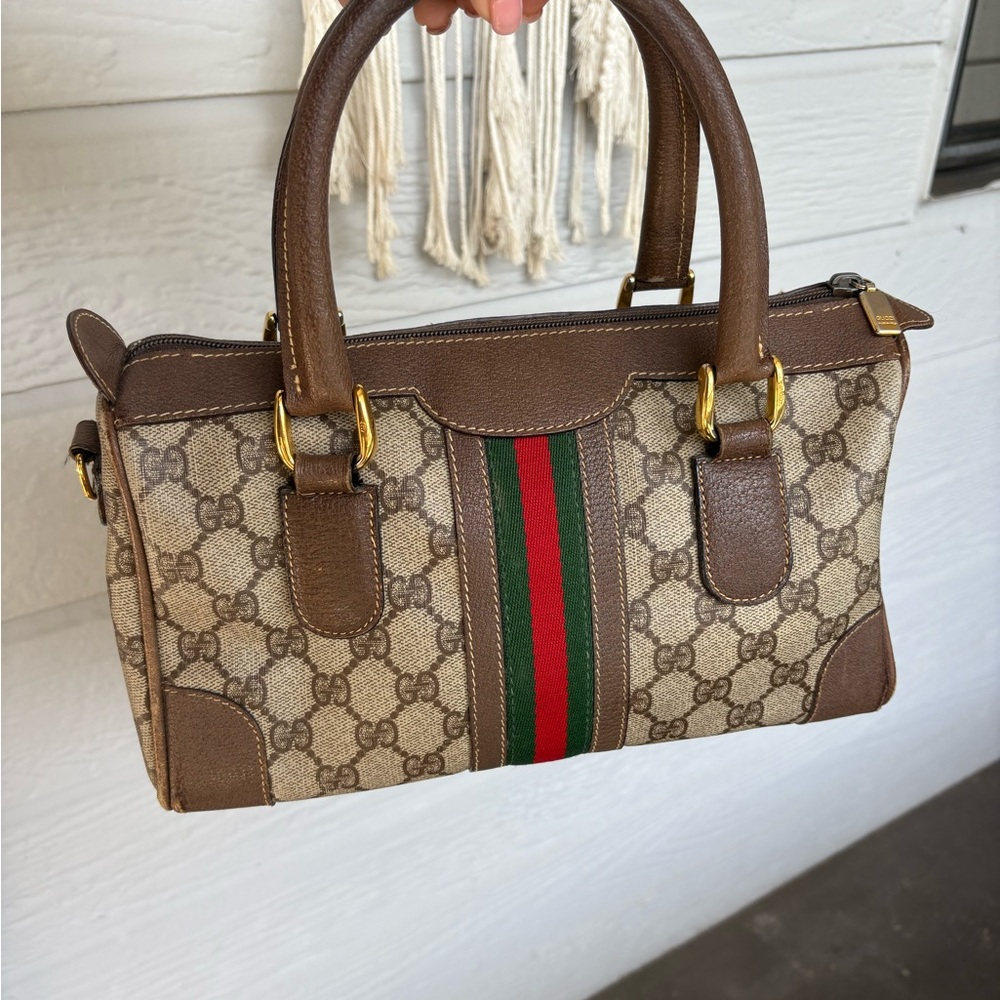 Vintage Gucci monogram canvas striped duffel satchel